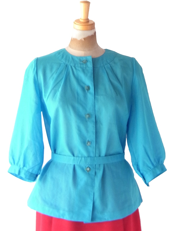 【レトロ古着】60年代製 ピーコックブルー × 共布ベルト付き ネックギャザー ヴィンテージ トップス 26ID028【おとなかわいい】