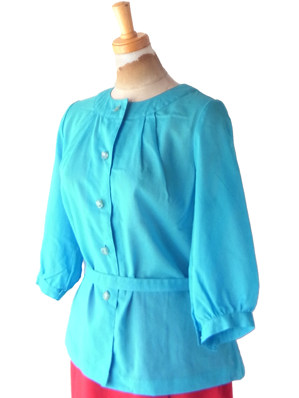【レトロ古着】60年代製 ピーコックブルー × 共布ベルト付き ネックギャザー ヴィンテージ トップス 26ID028【おとなかわいい】