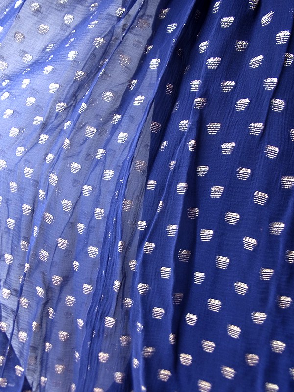 【送料無料】70年代製 ネイビー×ゴールドラメドット柄 共布リボンベルト付き シフォン風 ロング ワンピース 26ID049【レトロ古着】