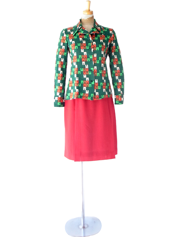 【レトロ古着】70年代製 グリーン×オレンジ 幾何学グラフィック柄 長袖ブラウス 26ID054【おとなかわいい】