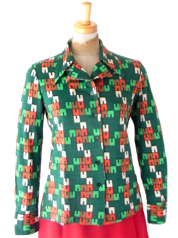 【レトロ古着】70年代製 グリーン×オレンジ 幾何学グラフィック柄 長袖ブラウス 26ID054【おとなかわいい】