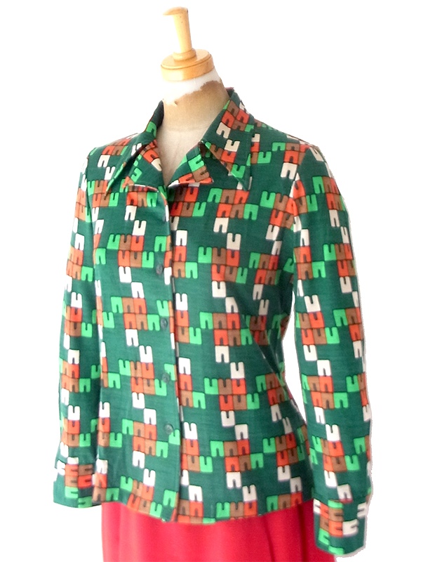 【レトロ古着】70年代製 グリーン×オレンジ 幾何学グラフィック柄 長袖ブラウス 26ID054【おとなかわいい】