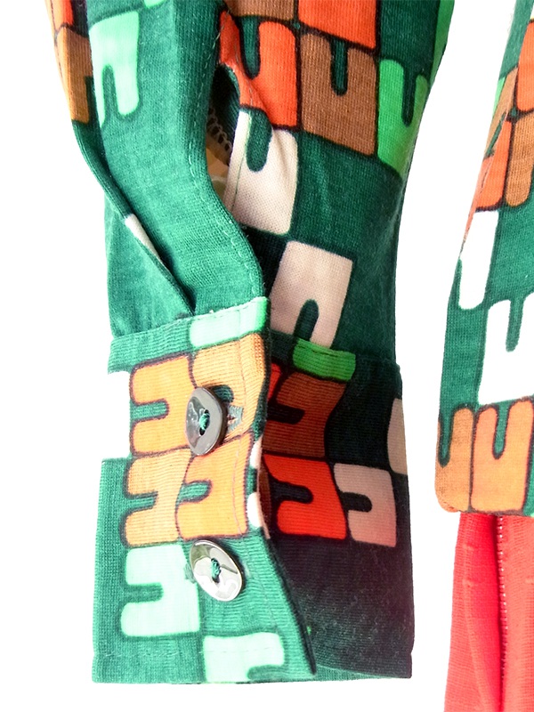 【レトロ古着】70年代製 グリーン×オレンジ 幾何学グラフィック柄 長袖ブラウス 26ID054【おとなかわいい】
