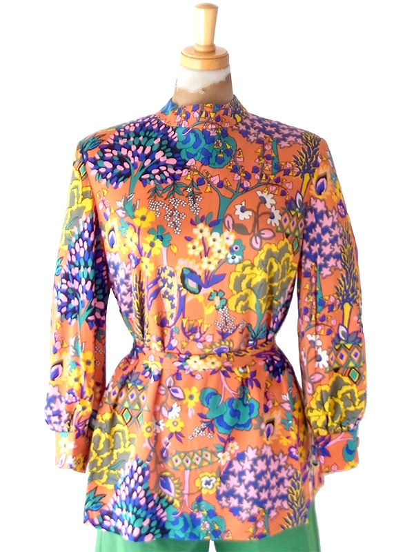 【レトロ古着】70年代製 オレンジ×サイケ花柄 スタンドカラー ヴィンテージ 長袖チュニック 26ID056【おとなかわいい】