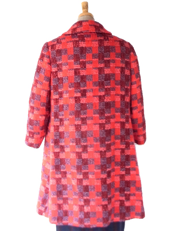 【送料無料】70年代製 レッド×グレー 凹凸格子織り ダブルブレスト ウール ヴィンテージコート 26ID071【レトロ古着】