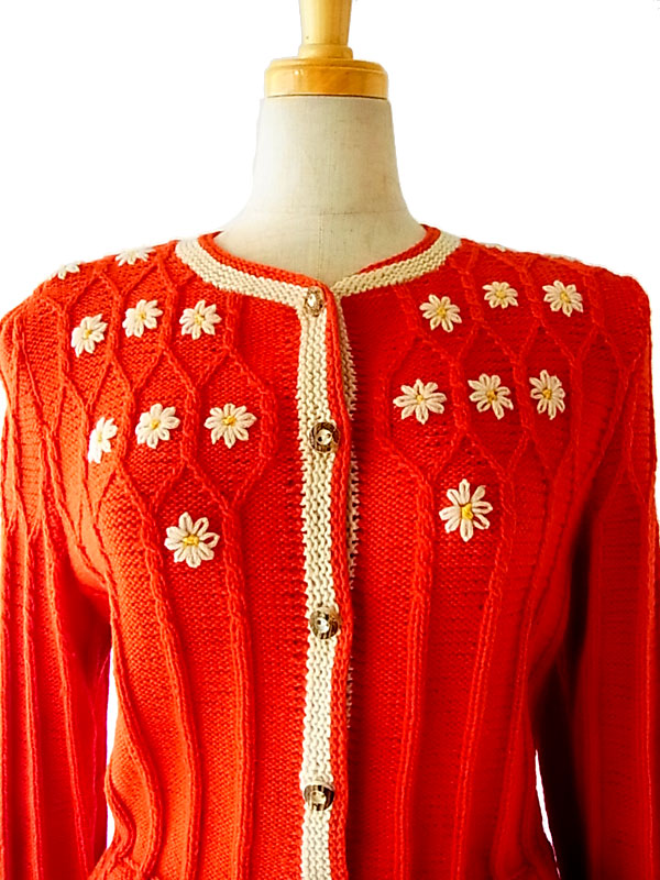 ビンテージ 70s ヨーロッパ 花柄 手編 モヘア ニット 多かれ  