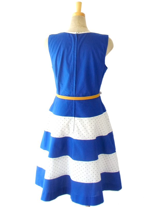  MODCLOTH ロイヤルブルー X ホワイト 水玉プリント ベルト付属 大人かわいい上品ワンピース MOD1 