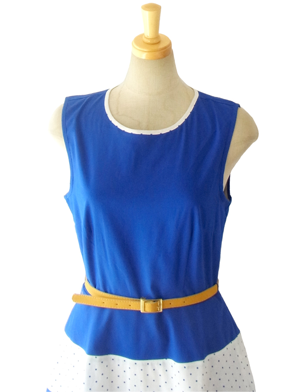  MODCLOTH ロイヤルブルー X ホワイト 水玉プリント ベルト付属 大人かわいい上品ワンピース MOD1 