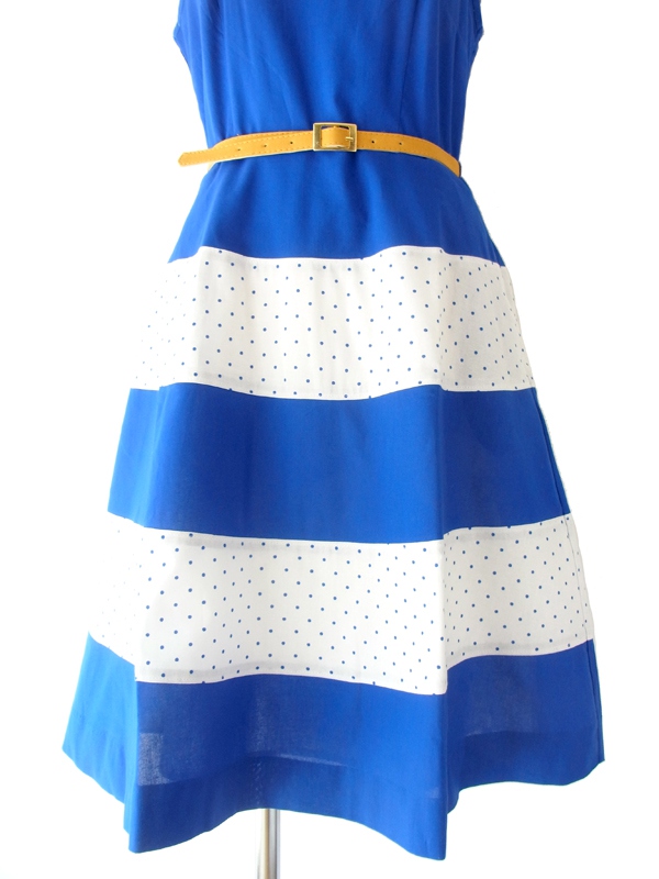  MODCLOTH ロイヤルブルー X ホワイト 水玉プリント ベルト付属 大人かわいい上品ワンピース MOD1 