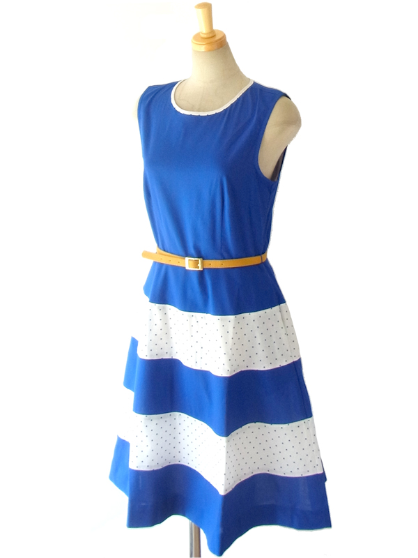  MODCLOTH ロイヤルブルー X ホワイト 水玉プリント ベルト付属 大人かわいい上品ワンピース MOD1 