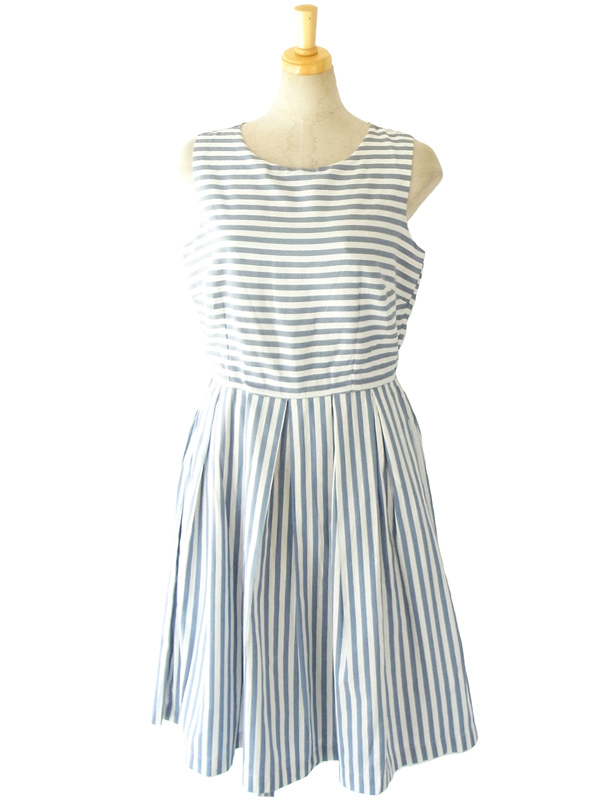 MODCLOTH ホワイト X グレイがかったブルーのストライプ 大きめリボン セーラーカラー ワンピース MOD2 
