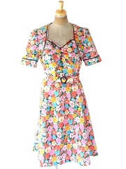 70’sブルー X カラフル花柄イラスト リゾート ヴィンテージワンピース M 送料無料】フランス買い付け 70年代製 カラフル X 花柄