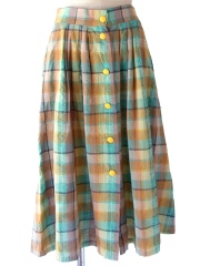 ヨーロッパ古着 70年代フランス製 エメラルドグリーン X イエロー チェック柄フロントボタン ヴィンテージ スカート 25FC106