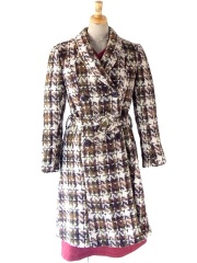 ヨーロッパ古着 フランス買い付け 60年代製 アイボリー X ブラウン・グリーン チェックツイード ウール コート 25FC310