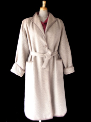 【送料無料】フランス製 ライトベージュ X 共布ベルト付き ヘンリボーン ウール ローブコート 26FC000【ヨーロッパ古着】