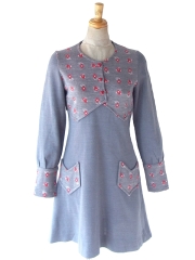 【送料無料】60年代フランス製 ブルーグレー × レッド 小鳥・小花柄 切り替え ワンピース 26FC004【ヨーロッパ古着】