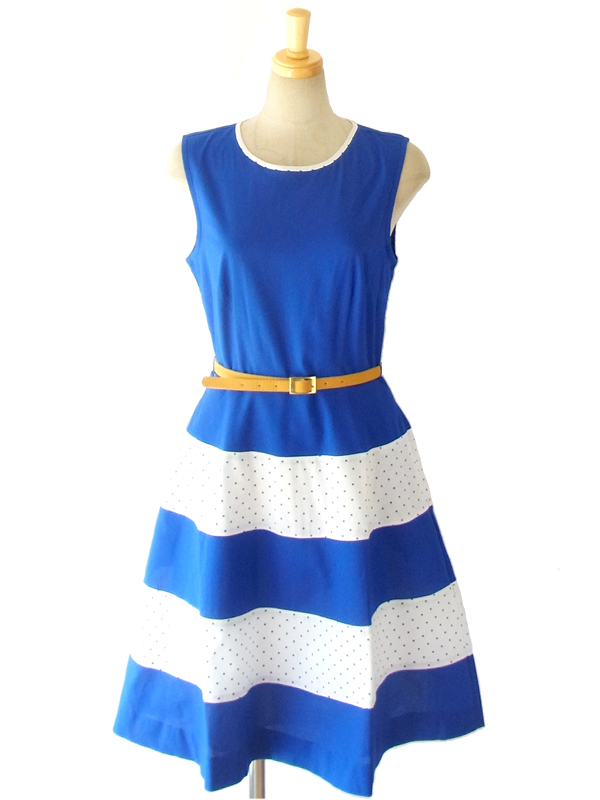  MODCLOTH ロイヤルブルー X ホワイト 水玉プリント ベルト付属 大人かわいい上品ワンピース MOD1 
