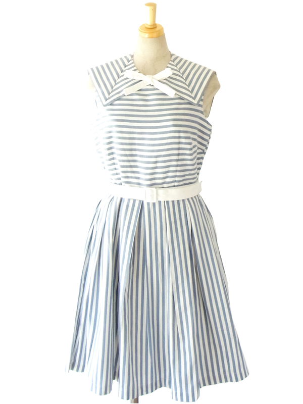 MODCLOTH ホワイト X グレイがかったブルーのストライプ 大きめリボン セーラーカラー ワンピース MOD2 