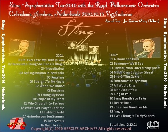 コレクターズCD　スティング（Sting）2010年ヨーロッパツアー　10.15　Netherlands