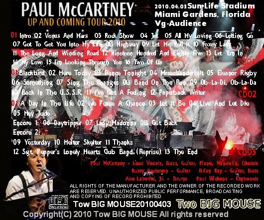 コレクターズCD Paul McCartney（ポールマッカートニー2010年アメリカツアー）Florida 2010.04.03