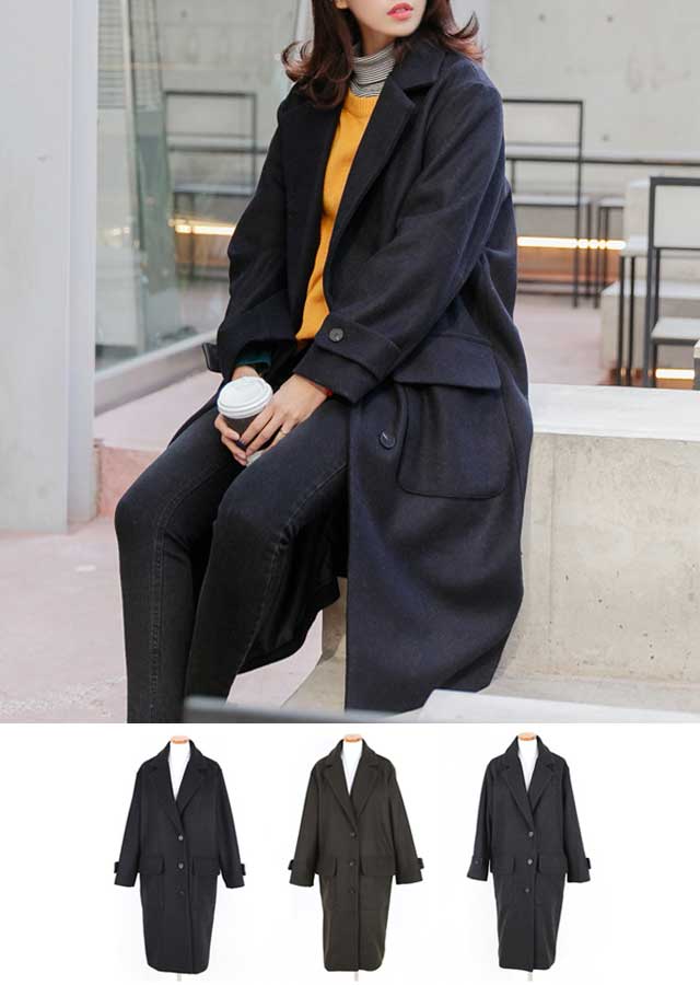 【SALE】スタイリッシュ♪ウール混紡ロングコート(ネイビー/カーキ/グレー）【Lサイズ　LLサイズ　3Lサイズ　4Lサイズ　5Lサイズ　6Lサイズ】