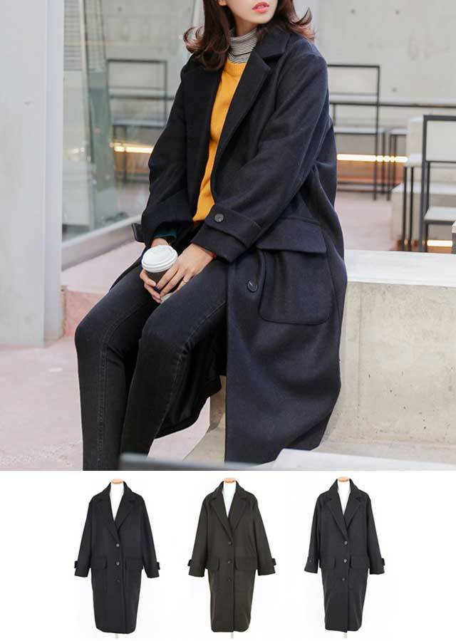 【SALE】スタイリッシュ♪ウール混紡ロングコート(ネイビー/カーキ/グレー）【Lサイズ　LLサイズ　3Lサイズ　4Lサイズ　5Lサイズ　6Lサイズ】