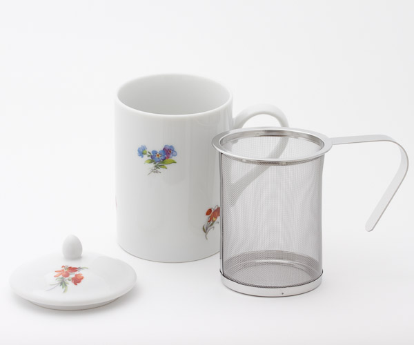 茶こし付きティーマグ （花柄） （陶器製マグカップ・蓋、茶漉し付）
