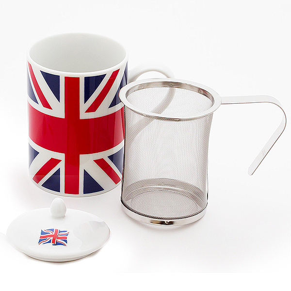茶こし付き ティーマグ （ユニオンジャック柄） （陶器製マグカップ・蓋、茶漉し付）