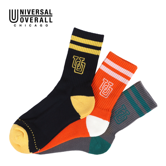 UNIVERSAL OVERALL メンズ 3P ソックス サイド UO ロゴ LU-366