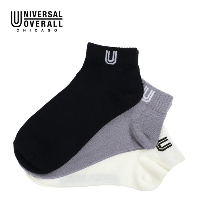 UNIVERSAL OVERALL メンズ 3P ソックス ショート丈サイドUOロゴ LU-373