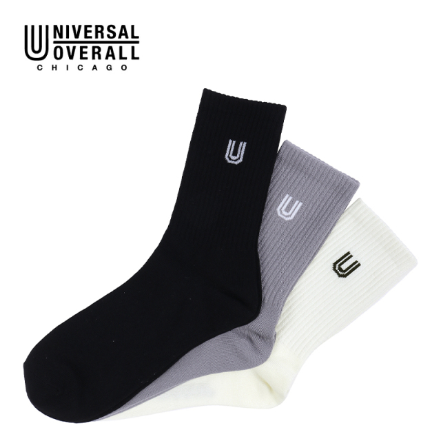 UNIVERSAL OVERALL メンズ 3P ソックス クルー丈サイドUOロゴ LU-374
