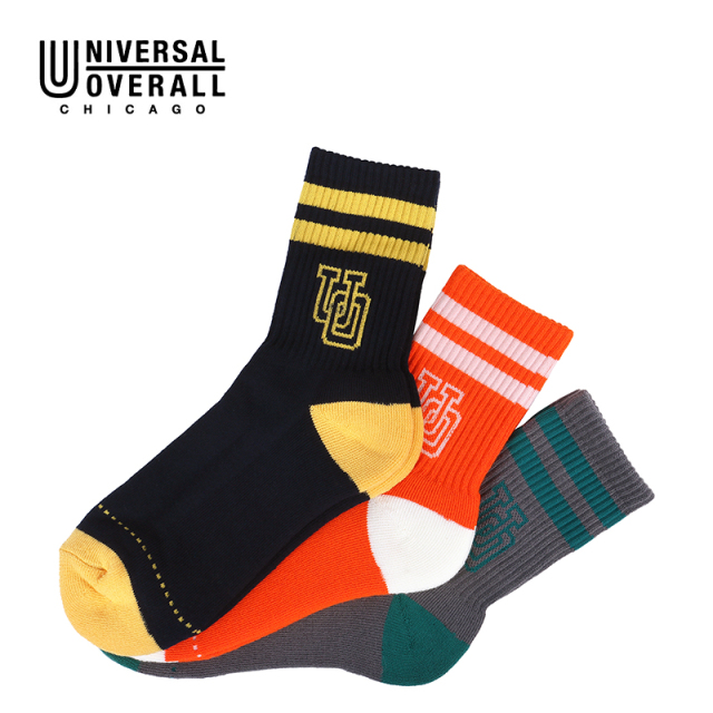 UNIVERSAL OVERALL レディース3Pソックス サイドUOロゴラインクルー LU-636
