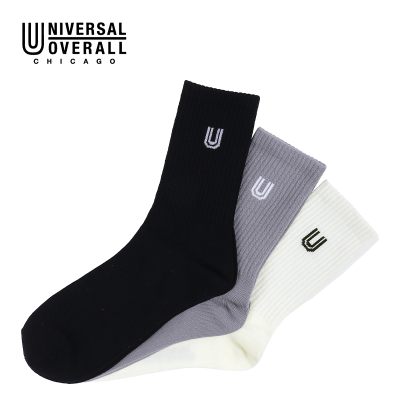 UNIVERSAL OVERALL メンズ 3P ソックス クルー丈サイドUOロゴ LU-374