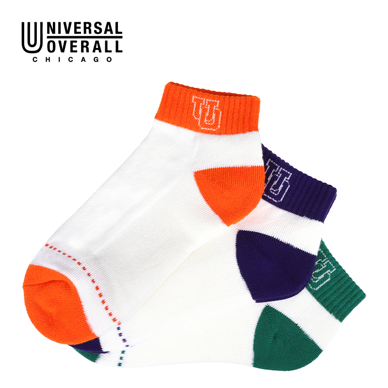 UNIVERSAL OVERALL レディース3Pソックス サイドUOロゴ配色切替アンクル LU-631