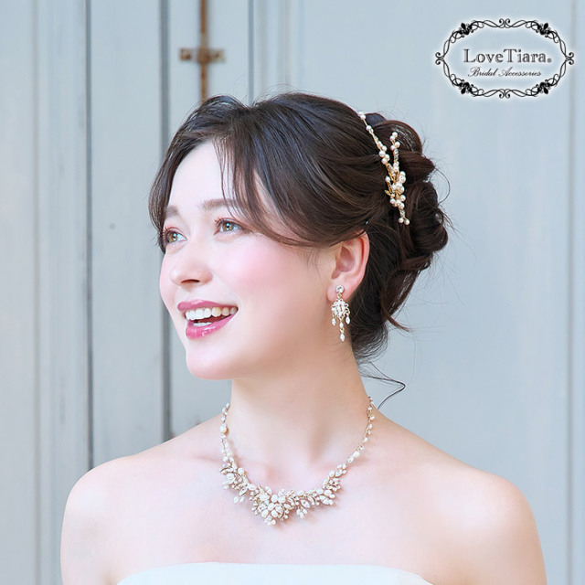 イザベラ淡水パールネックレス＆イヤリング／ピアスセット・アウトレット・ゴールドの着用イメージ