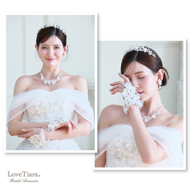 オフショルダーのウエディングドレスで合わせた女性のイメージ