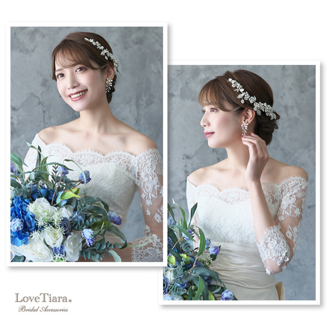 シルバー、ウェディングドレスとシニヨンヘアで合わせた女性のイメージ