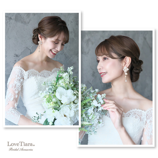 ゴールドカラーをウエディングドレスと低めシニヨンヘアで合わせた女性のイメージ