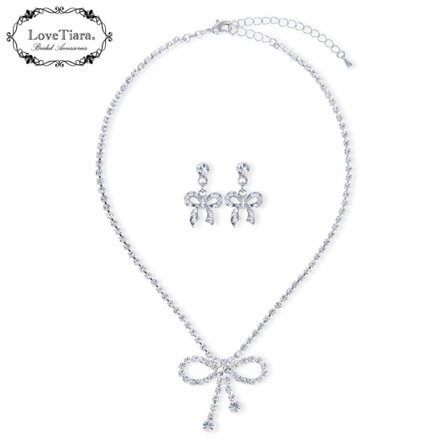 リボンクリスタルネックレス＆イヤリング/ ピアスセット 通信販売