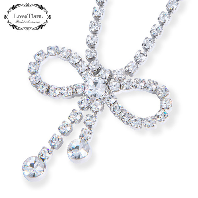 リボンクリスタルネックレス＆イヤリング/ ピアスセット 通信販売