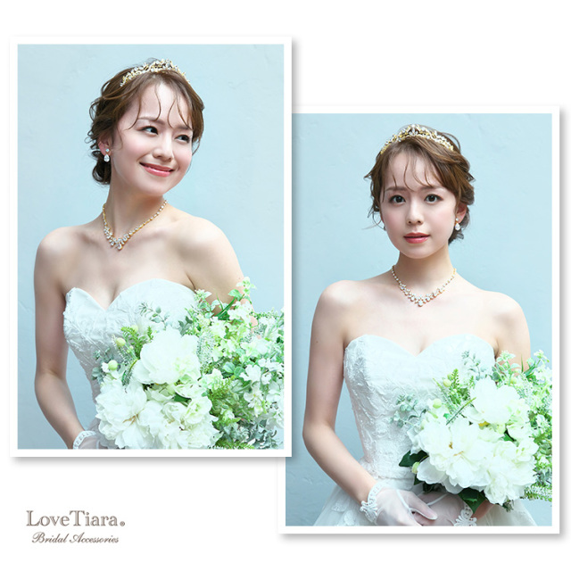 ゴールドカラーをウエディングドレスとシニヨンヘアで合わせた女性のイメージ