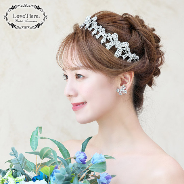 グロリアスリボンクラウンティアラ＆イヤリング／ピアスセット