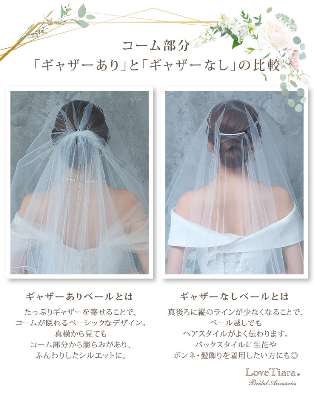 ミディアムベール ギャザーなし コーム部分 ギャザーありとギャザーなしの比較イメージ