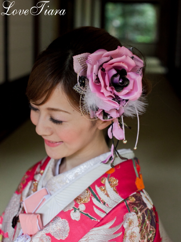 和の髪飾り レースローズ ピンク ヘッドドレス 花冠 ブライダル ウェディングアクセサリー通販 ラブティアラ