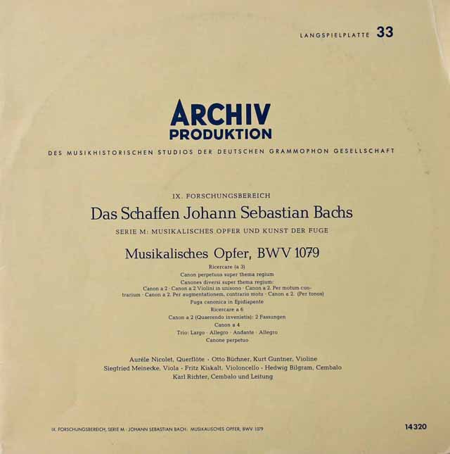 ニコレ、リヒターらのバッハ/音楽の捧げもの　独ARCHIV　2828　LP レコード