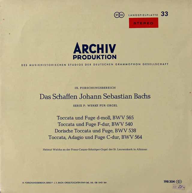 ヴァルヒャのバッハ/トッカータとフーガ　独ARCHIV　2828　LP レコード