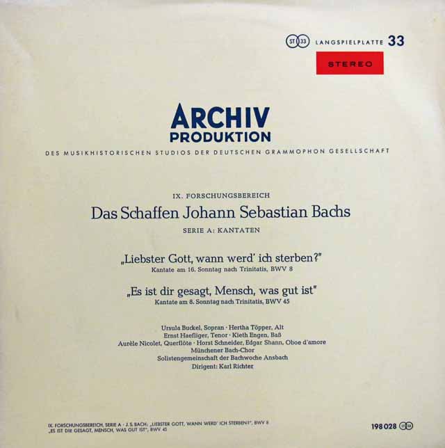 【独最初期盤】リヒターのバッハ/カンタータ「最愛の神よ、われいつの日に死なん」ほか 　独ARCHIV　3008　LP レコード