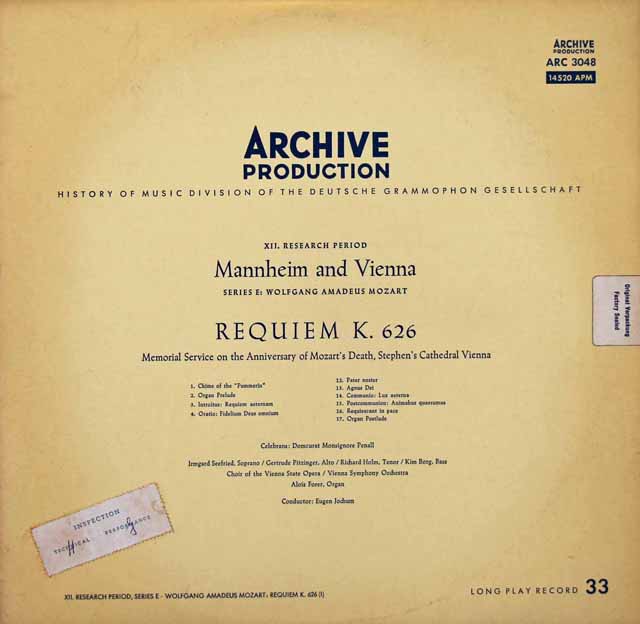ヨッフムのモーツァルト/「レクイエム」  　独ARCHIV　3018　LP レコード