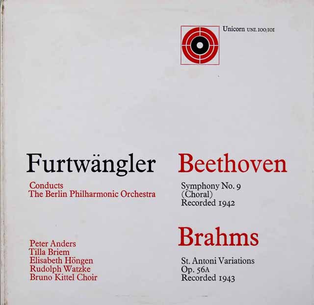 フルトヴェングラーのベートーヴェン/交響曲第9番ほか　英UNICORN　3040　LP レコード