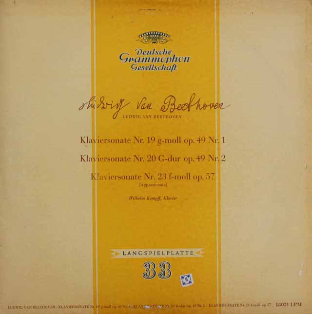 ケンプのベートーヴェン/ピアノソナタ第19番、第20番、第23番「熱情」　独DGG　3497　LP レコード